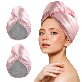 YoulerTex - Toalla de pelo de microfibra, paquete de 2 toallas para la cabeza para secar las mujeres, rizadas, largas, mojadas, secado rápido, antiencrespamiento, absorbente después de la ducha (rosa/plata)