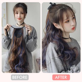 IFLY Wig, Ponytail Point Wig, Extension, Long Wig, Curly Hair, 18.9 inches (48 cm), Ribbon Included, Inner Colors, 9 Colors Available, Heat Resistant, Natural (Dark Brown + Pink)