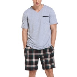 Vlazom Men's Pyjamas Set Short Sleeve Soft Pj's Top and Plaid Shorts for Sleepwear Loungewear with Pockets Brown, S