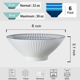 Dyware 38 oz Japanese Ramen Bowls Set of 6, Large Pho Bowls, 8 Inch Ceramic Blue and White Soup Bowls, Striped Pattern