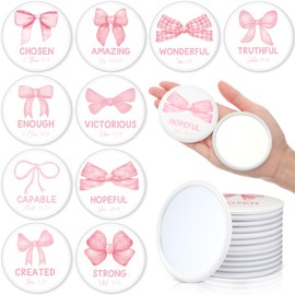Vicenpal 40 pcs Inspirational Bible Verse Scripture Portable Round Pocket Mini Mirrors Pink Bow Coquette Mini Pocket Mirrors Bulk Christian Gifts for Women Church Religious Party Favors