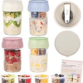Soligt Overnight Oats Containers with Lids, Folding Spoons, and Divided Compartments for Fruit & Nuts, Small Glass 16oz Mason Jars for Oatmeal Yogurt Parfait Kitchen Utensils Christmas Ornaments 2024 - Color: 4 Set-Oat White/Organic Green/Rose Pink/Sky B