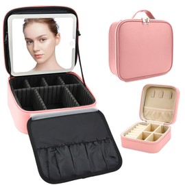SLUMAZI Travel Makeup Bag with LED Mirror with 3 Lighted Settings, Adjustable Dividers, Makeup Brush Storage Bag and Jewelry Case Pink