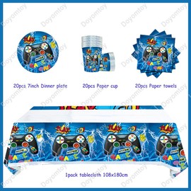 Videospiel Geburtstag Deko,Doyomtoy Partygeschirr Set Videospiel Geburtstag Party Set Geburtstagsteller Tassen Servietten für Party Zubehör Supplies 20 Gäste