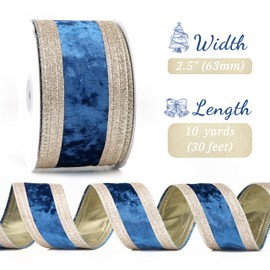 LIZLOVESS Navy and Champagne Gold Velvet Wired Ribbon 2.5" X 10 Yards Navy Velvet with Champagne Gold Glitter Border Stripe Christmas Ribbon for Tree, Wreath Supplies, Garlands Making