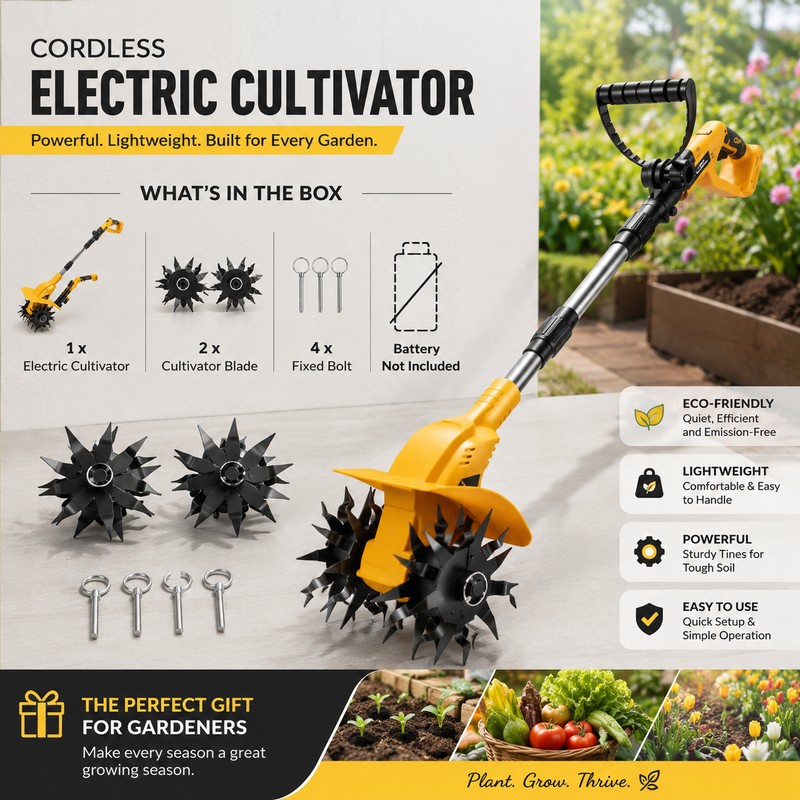 Cordless Garden Tiller for Soil Cultivation – 200mm Brushless Rototiller