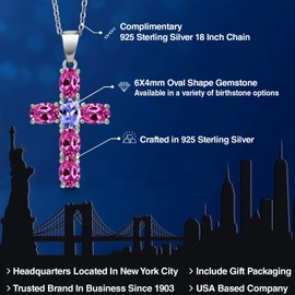 Gem Stone King 925 Sterling Silver Pink Created Sapphire and Blue Tanzanite Cross Pendant Necklace for Women | 2.95 Cttw | Gemstone September Birthstone | Oval 6X4MM | With 18 Inch Chain