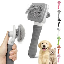 Generic Pet Grooming Brush, Gray - Self Cleaning Dematting Comb for Cats and Dogs, Bristles with Massage Particles, Ergonomic Handle Design, Easy to Use, for Long or Short Hair Breeds, Stainless Steel