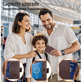 XGUO Airtag Passport Holder - RFID Blocking Genuine Leather Cover for 3 Passports, Large Capacity Travel Wallet for Men & Women, Family & Couples, Christmas Gift
