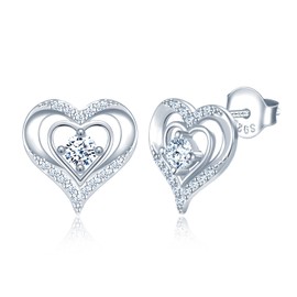 CONILOK Heart Cubic Zirconia Stud Earrings Silver 925 Women's Earrings Fashion Jewellery Earring Love Gift for Her Women Girlfriend Teenager Girls Birthday Mother's Day Wedding Christmas Day, Sterling