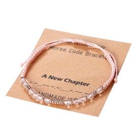 Flongo Women's Morse Code Bracelet Pink: Pearl Bracelet BFF Morse Code Pearl Bracelet with Braided Couple Bracelets Gift for Best Friend Girlfriend Mother Daughter Men Women