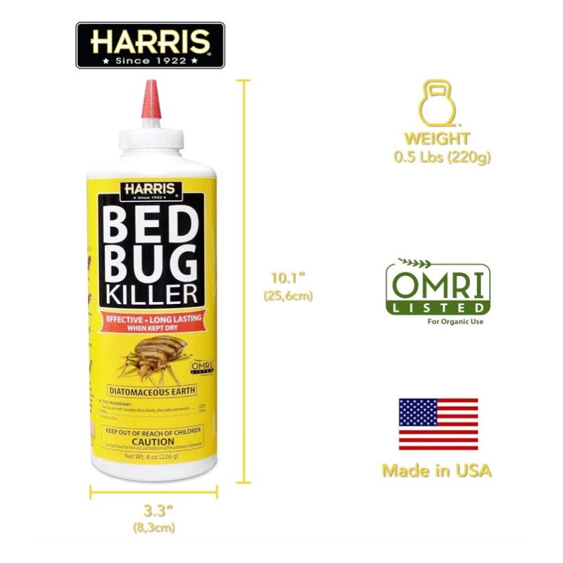 Harris HDE-8 Bed Bug Powder Diatomaceous Earth, 8oz, Yellow Pack