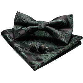 JEMYGINS Men's Paisley Pattern Bow Tie, Cuffs, Buttons, Handkerchief Set, Formal, Business, Weddings, Gift, deepgreen