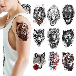 MKHTOQE 10 Sheets Animal Temporary Tattoos - Tiger Lion Wolf Elephant Designs, Waterproof Fake Tattoo Stickers for Adults & Kids, Lasts 2-5 Days