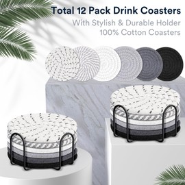 Mckanti 12 Pcs Drink Coasters with Holder, 6 Colors Absorbent Coasters for Drinks Minimalist Coaster for Coffee, Cotton Woven Coaster Set for Home Decor Tabletop Protection Housewarming Gift, 4.3 Inch