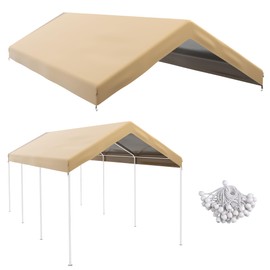 Outsunny 19.7' x 9.7' Carport Replacement Top Canopy Cover for Model 84C-207WT or 84C-386V00WT, Waterproof and UV Protected Garage Car Port Cover with Ball Bungee Cords, Beige (Only Cover)