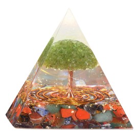 dssmboom Tumbled Colorful Crystal Pyramid Positive Energy Generator for Reiki Healing Chakra Balancing, Resin with Copper Wire Peridot Tree of Life Pyramid for Home Office Decor