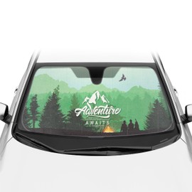 BDK Adventure Awaits Front Windshield Sunshade Accordion Folding Style Auto Shade for Cars Trucks SUVs Vans Blocks UV Rays Sun Visor Protector Easy Setup Keeps Your Vehicle Cool (58" x 27")