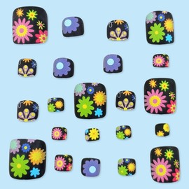 Black Press On Toenails Summer Press on Nails with Designs Short Square Fake Toenails Colorful Floral Pattern Acrylic Full Cover Matte False Toenails Kit Summer Glue on Toenails for Women 24PCS