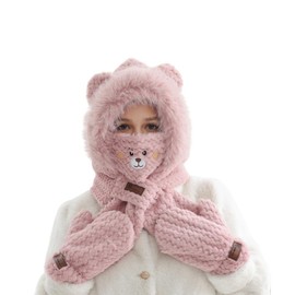 New Women's 4-in-1 Faux Fur Hooded Beanie Hat, Scarf, Gloves Set, Thick Bear Ear Beanie Hat Soft Warm Knit Hat (US, Alpha, Medium, X-Large, 粉色)