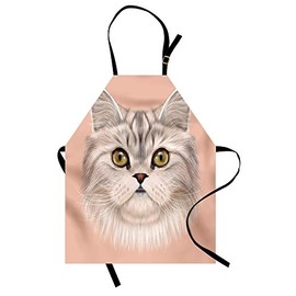 Ambesonne Cat Apron, Kitty Portrait Whiskers Best Pet Animal I Love My Feline Themed Artwork, Small Apron Bib with Adjustable Ties for Baking Painting, Small Size, Beige Cream Peach