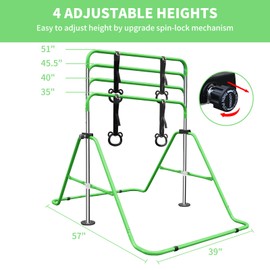 ZJMTOCYU Multi-Functional Adjustable Height Children's Gymnastic Bar with Bear Rings, Sturdy Steel Construction, Space-Saving Design, Green