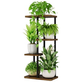 Bamworld Small Plant Stand Indoor Metal Plant Shelf Brown Plant Holder 4 Tier 5 Potted for Multiple Plants Corner Plant Table for Patio Garden Balcony Living Room