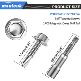 mxuteuk #8×1/2" Self Tapping Screws,410 Stainless Steel Self Tapping Screws for Metal,Self Drilling Screws,Hex Washer Head Sheet Metal Screws Suitable for Wood, Metal or Tough Materials (230PCS)