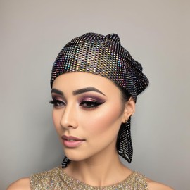 Munyee Hua Rhinestone Head Scarf for Women Bling Hijab Cap Headpiece Rave Party Dress Nets Turban Hat Sparkle Headband Crystal Mesh Cap Diamond Vintage Hair Snood Evening Dress(Colorful Black)