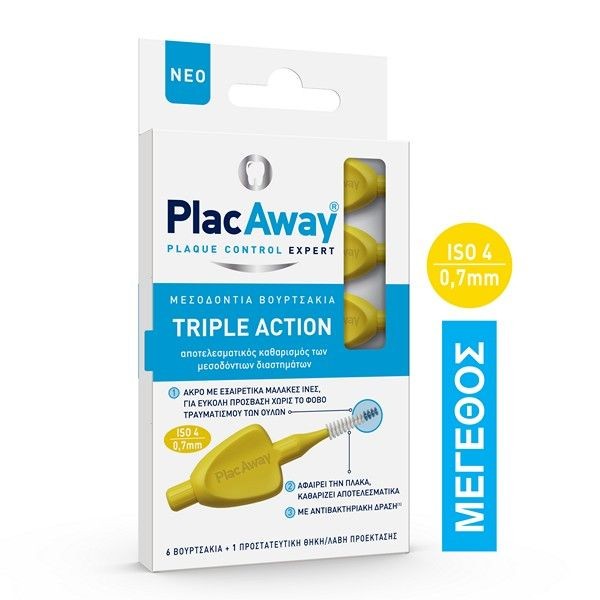 Plac Away Interdental Brushes Triple Action 0.7 mm IS0 4 Yellow 6 pcs