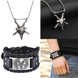 EENSYWEENSY 2Pcs Gothic Inverted Pentagram Jewelry, Satanic Leather Cuff Bracelet & Demon Baphomet Pendant Necklace, Satan Goat Head Jewelry Gift for Men