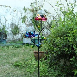 VCUTEKA Solar Garden Light Solar Flowers Light with LED Crackle Glass Globe Solar Lights Outdoor Metal Garden Stake Wind Spinner for Garden Decoration, Patio Decor, Yard Decor and Gift for Mother