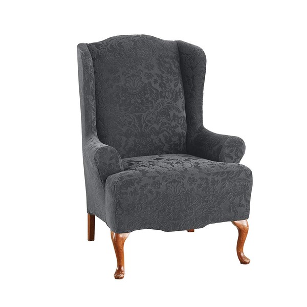 Surefit Home Décor Stretch Jacquard Damask T-Cushion Wing Chair One Piece Slipcover, Form Fit, Polyester/Spandex, Machine Washable, Gray Color