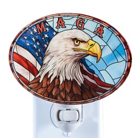 Bald Eagle Night Light – Stained Glass Styled Plug-In Wall Light Made with Real Glass – Patriotic American Flag Decor – Veteran Gift, Military Tribute, Memorial Accent – Bulb Included – Oval Shape