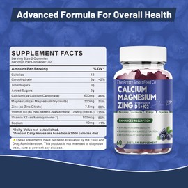 Calcium Magnesium Zinc Gummies with Vitamin D3 & K2 for Bone, Muscle & Immune Support - High Potency Enhanced Absorption - 60 Blueberry Gummies