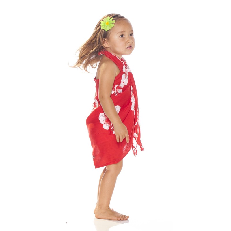 1 World Sarongs Girls Hibiscus Floral Half Sarong in Red/White