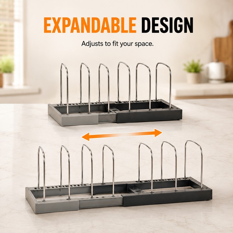 Expandable Kitchen Cabinet Organizer with 7 Adjustable Stainless Steel Dividers
