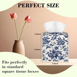 Watercolor Blue Flowers Tissue Box Cover,Vintage Elegant Floral Waterproof Leather Square Tissue Box Cover Case Facial Paper Organizer Dispenser Box Holder for Home Office Bathroom Vanity Countertop