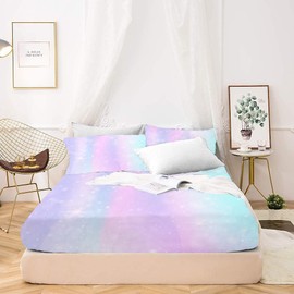 MUSOLEI Colorful Girls Fitted Sheet Set Rainbow sheets, 3D Rainbow Twin Bedding Set girl bed sheets 2PCS Boho 1 Fitted Sheet with 2 Pillowcase Wrinkle Free Cozy Microfiber Twin sheets for girls(queen)
