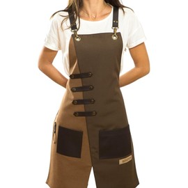 MONAPRON Heavy Duty Apron Extra Pocket Design for Women Barista Apron bbq Apron Crossback Apron Adjustable Faux Leather Straps 02B Miro Brown apron