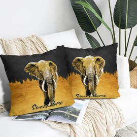 Waiyear Elephant Throw Pillows Cover 18"x18", Black Gold Decorative Pillow Cases for Sofa Couch Bedroom, Black Gold Living Room Decor, Cushion Covers Set of 2