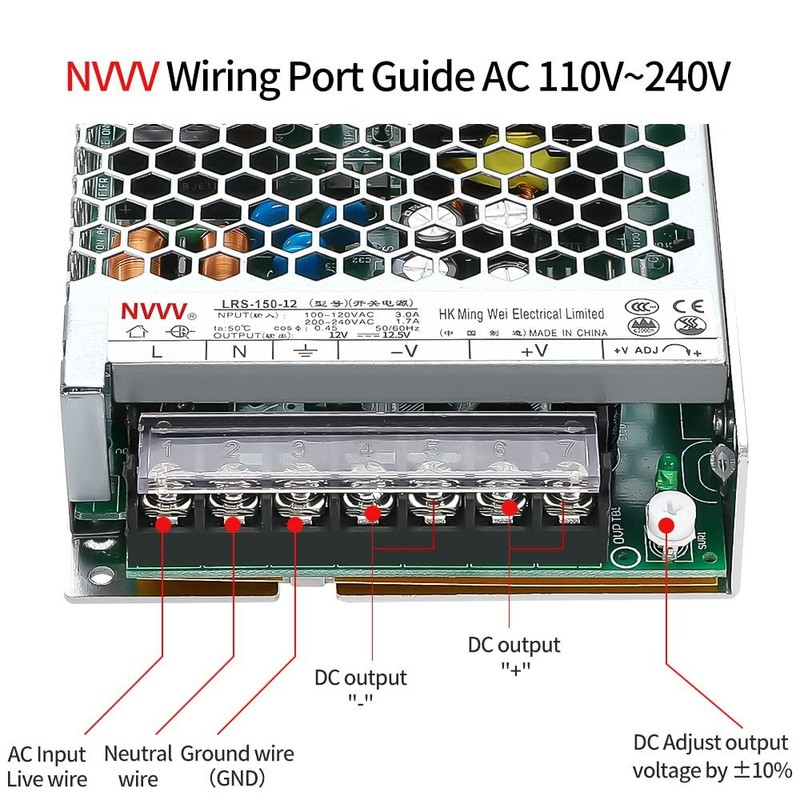 NVVV LRS-150-12 Switching Power Supply 12V 12.5Amp Enclosed Switchable Power