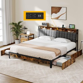 YITAHOME King Size Bed Frame, Upholstered Platform Bed Frame with 4 Drawers/Charging Station, Storage Headboard Metal Bed Frame Strong Wooden Slats, No Box Spring Needed, Fast Assembly, Rustic Brown