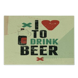 Ambesonne Retro Cutting Board, I Love to Drink Beer Calligraphy with A Hand Holding Booze Bottle Grunge Illustration, Decorative Tempered Glass Cutting and Serving Board, Small Size, Multicolor
