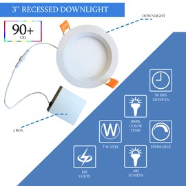 DYSMIO 3 Inch LED Recessed Downlight with Junction Box, 7W-50W Equivalent, 90CRI, 3000K Soft White Light, 400 Lumens, Dimmable Ceiling Light-IC Rated, UL and Energy Star Certified. - Pack of 6