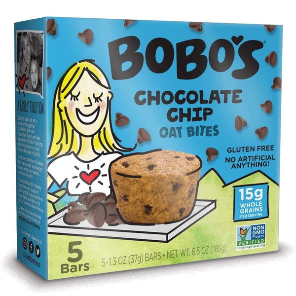 Bobo's Oat Bites, Original with Chocolate Chips, 1.3 Ounce Bites (5ct Box), Gluten Free Whole Grain Snack