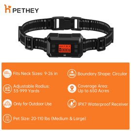 Wireless Electric Fence for Dogs, PETHEY GPS Dog Collar Fence System, IPX7 Waterproof Pet Containment, Wireless Dog Fence Radius 33-999 Yards, 20-110lb Adjustable Wireless Pet Fence-Outdoor Use