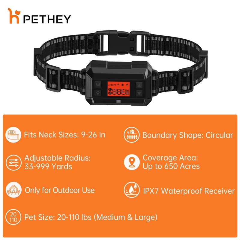 Wireless Electric Fence for Dogs, PETHEY GPS Dog Collar Fence
