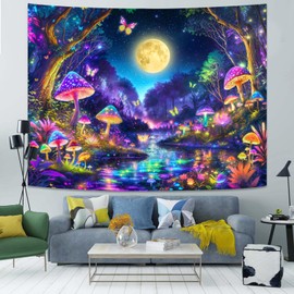 Kanuyee Blacklight Tapestry Butterfly Moon Wall Tapestry Magical Forest Tapestry for Bedroom Magical Tapestry Aesthetic Bedroom Room Decor Moon 36×48 Inches