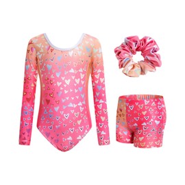 JiAmy Gymnastics Leotards for Girls Cross Back, Long Sleeve Sparkly Dance Biketards with Shorts Ballet Outfit 5-6 Years Pink